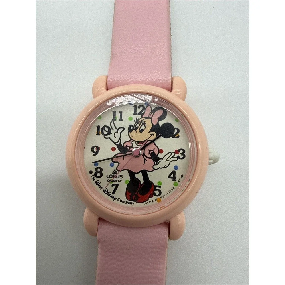 Vtg Girl’s Minnie Mouse Walt Disney Pink Leather Band Lotus Watch Water Resist